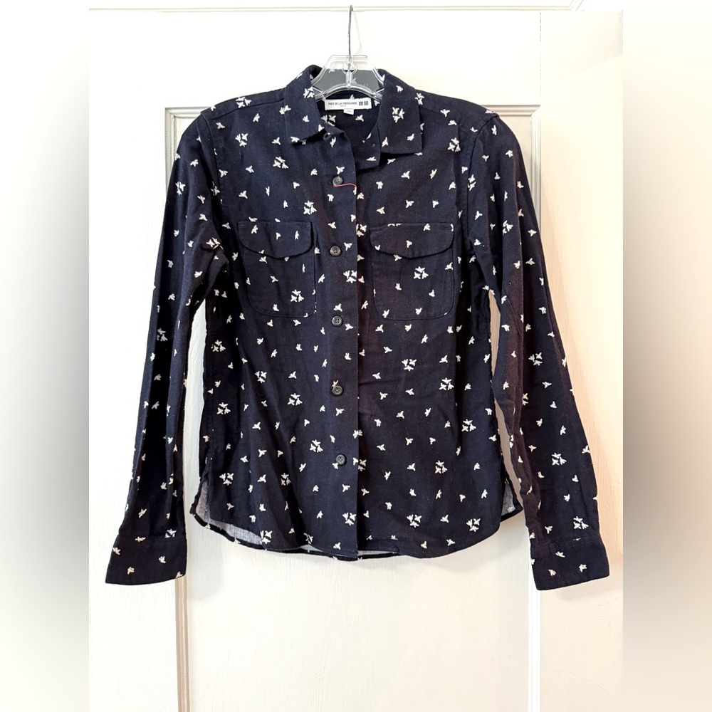 Ines de la Fressange x Uniqlo | Navy Flannel Bird Print Utility Blouse XS